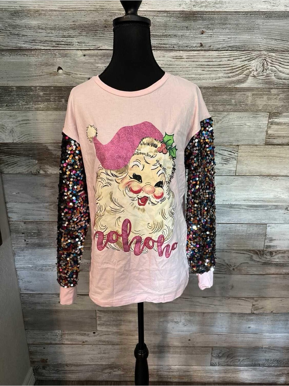 NWT Pink Sequin-Sleeve Holiday Santa Tee